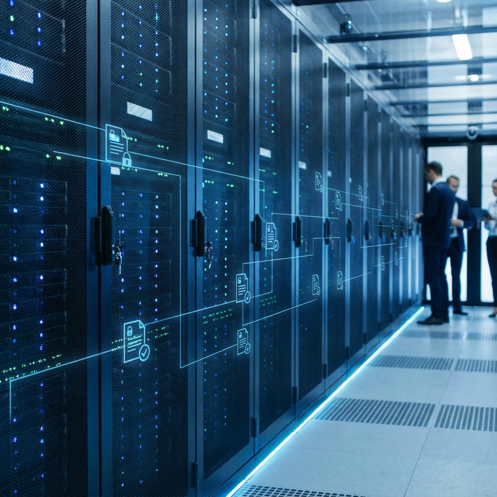 Compliance audit trail concept with secure infrastructure imagery.