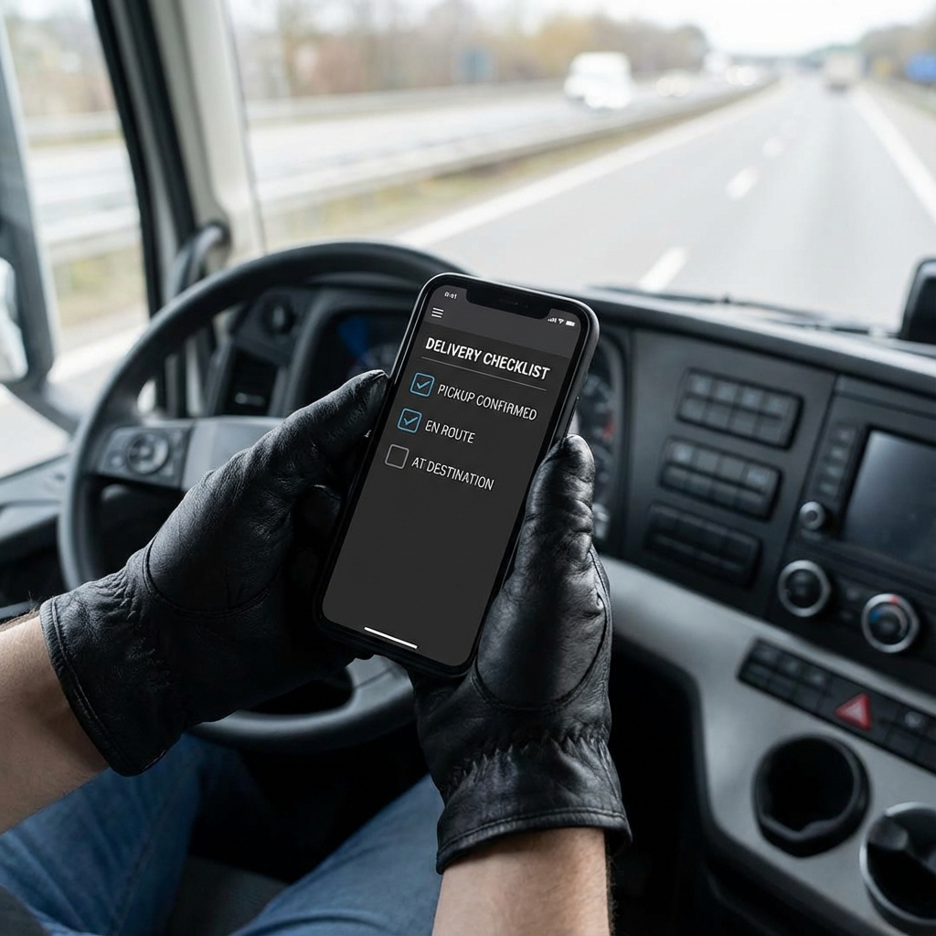 Driver using a mobile workflow tool inside a truck cabin.