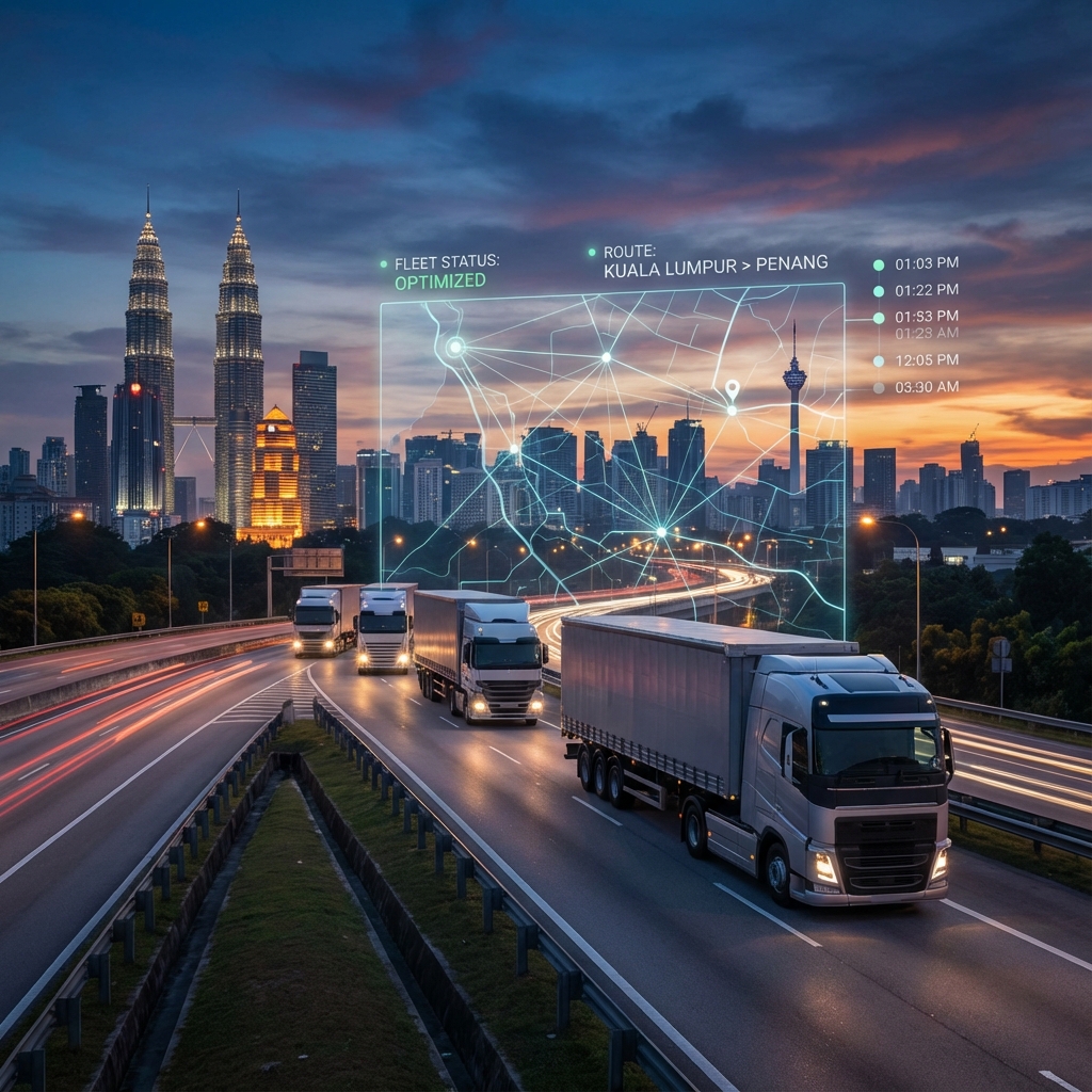 Trucks on a Malaysian highway with a subtle GPS tracking overlay.