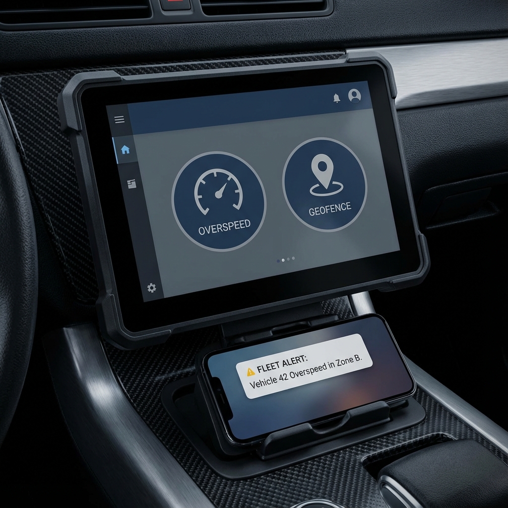A fleet safety alert concept showing overspeed and geofence notifications.